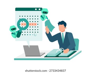 Geschäftsmann, der AI OCR-Technologie zum Scannen und Digitalisieren von Papierdokumenten einsetzt, verbessert papierlosen Workflow, Dokumentenmanagement und Automatisierung in modernen Geschäftsbüros