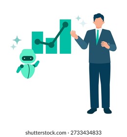 Businessman using AI to visualize and analyze data, explaining charts and insights to support decision making, productivity and efficient business workflow