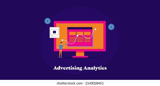 Geschäftsmann, der Analytik für digitale Werbung, Website-Verkehrsanalyse, Marketingdaten - flache Umrissgrafik mit Zeichen