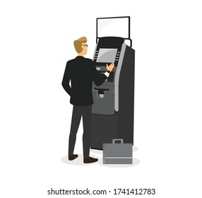 Businessman using ATM Machine concept. ATM, Money, machine, and businessman. Vector flat illustration