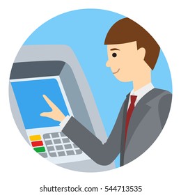 Businessman using ATM machine. Vector illustration of people round icone isolated white background.
