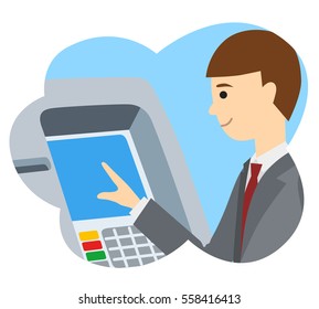 Businessman using ATM machine. Vector illustration of people icon in cloud isolated on white background.