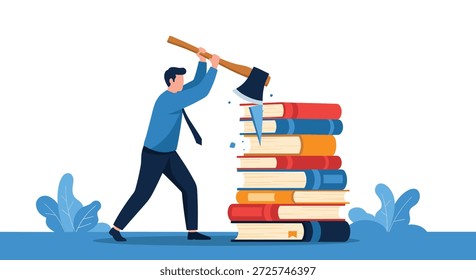 Geschäftsmann mit einer Axt, um durch einen großen Stapel von Büchern, die eine Ablehnung der traditionellen Bildung oder Lernen.