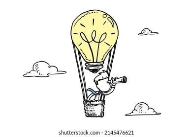 Businessman using ballon ideas searching for new business opportunities. Vision concept. Cartoon vector illustration design