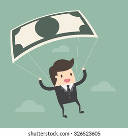 Businessman Using Bank Note As a Parachute. Business concept cartoon illustration.
