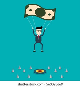 Businessman using bank note as a parachute. focused on a target, Business concept.