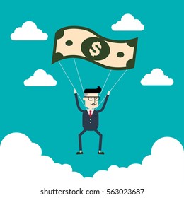 Businessman using bank note as a parachute. Business concept.