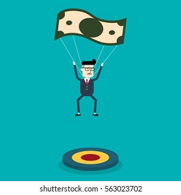 Businessman using bank note as a parachute. focused on a target, Business concept.