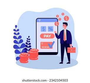 Businessman using banking app for smartphone vector illustration. Cartoon drawing of big phone with word pay, stacks of coins, online transaction. Banking, technology, finances concept