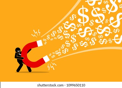 Businessman using a big magnet to attract money. Vector artwork illustration depicts the concept of making money, successful business idea, financial success, gain, and profit. 