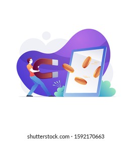 Businessman using a big magnet to attract money from large screen. Financial success, gain, and profit. Bright vibrant purple isolated vector illustration.