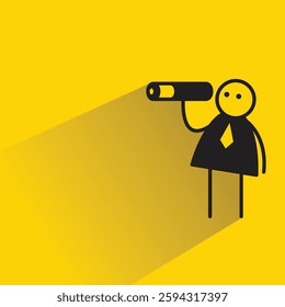 businessman using binocular stick figure on yellow background