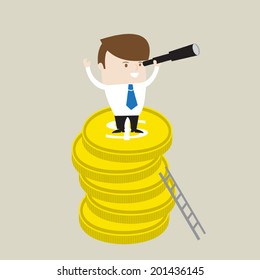 Businessman using binocular at top of golden coins. Success business and investment concept. Vector EPS 10. 