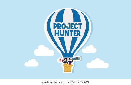 Un hombre de negocios que usa binoculares y una mujer de negocios que habla por megáfono están en un globo aerostático con la etiqueta "Project Hunter", una ilustración de la búsqueda de nuevas oportunidades de proyectos.