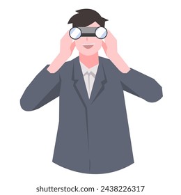 Businessman is using binoculars. Front view. Suitable for business themes. Working in an office, men, suits, success. Flat vector illustration.