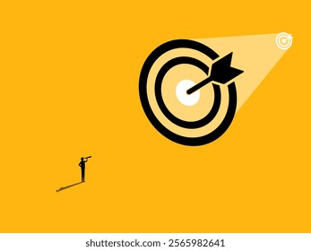Businessman using binoculars to look at big target, focus on personal goal