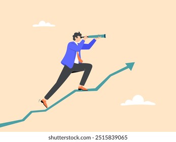 Businessman using binoculars looking for business opportunities on a growing graph