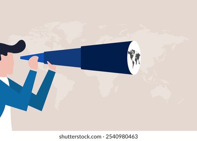 Businessman using binoculars looking for future vision. concept of World economic vision or international opportunity for business, work or investment, searching for oversea business