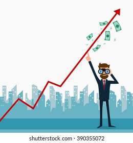 Businessman using binoculars looking for growth chart ,money and pointing finger to raise the graph get a lot of money. Chart growth and success concept. Cartoon Vector Illustration.