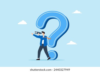 Businessman using binoculars looking for new business ideas from question marks, illustrating curiosity and exploration of unknown. Concept of searching solutions, and seeking opportunities
