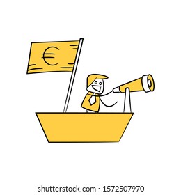 businessman using binoculars on ship with Euro flag yellow stick figure