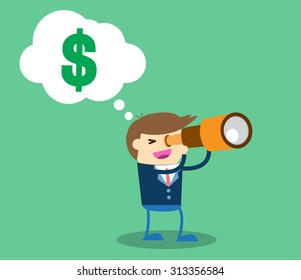 businessman using binoculars ,vector, Cartoon businessman looking for success, 