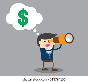 businessman using binoculars ,vector, Cartoon businessman looking for success, opportunities, future business trends through a telescope, flat illustration,dollar money, man, business concept. design.