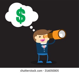 businessman using binoculars ,vector, Cartoon businessman looking for success,