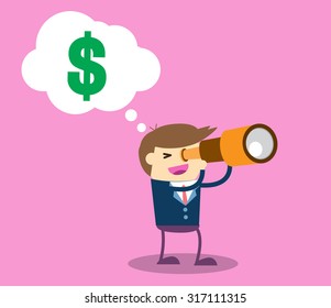 businessman using binoculars ,vector, Cartoon businessman looking for success, opportunities, future business trends through a telescope, flat illustration,dollar money, man, business concept. design.
