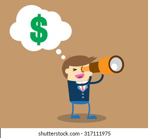 businessman using binoculars ,vector, Cartoon businessman looking for success, opportunities, future business trends through a telescope, flat illustration,dollar money, man, business concept. design.