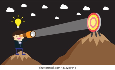 businessman using binoculars, winner. finish. win. flat design. track. Success. Target. Bulb Ideas. Business and finance vision concept. Goal. dream. vector. infographics. mountain
