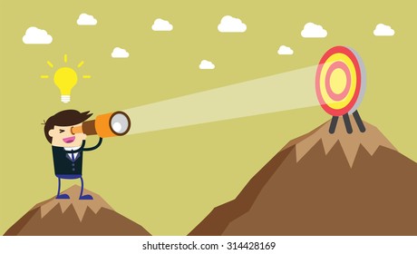 businessman using binoculars, winner. finish. win. flat design. track. Success. Target. Bulb Ideas. Business and finance vision concept. Goal. dream. vector. infographics. mountain