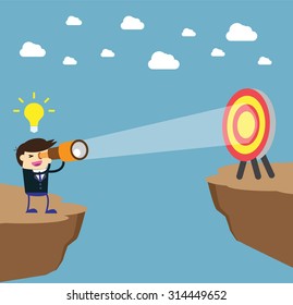businessman using binoculars, winner. finish. win. flat design. track. Success. Target. Bulb Ideas. Business and finance vision concept. Goal. dream. vector. infographics. number one. cliff. 