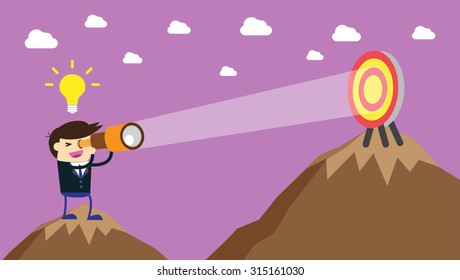 businessman using binoculars, winner. finish. win. flat design. track. Success. Target. Bulb Ideas. Business and finance vision concept. Goal. dream. vector. infographics. number one. mountain