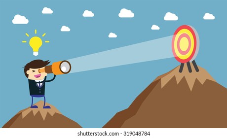 businessman using binoculars, winner. finish. win. flat design. track. Success. Target. Bulb Ideas. Business and finance vision concept. Goal. dream. vector. infographics. mountain