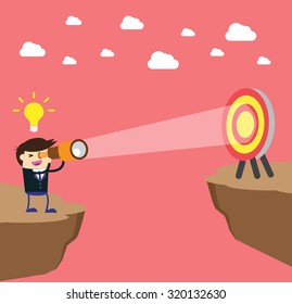 businessman using binoculars, winner. finish. win. flat design. track. Success. Target. Bulb Ideas. Business and finance vision concept. Goal. dream. vector. infographics. mountain