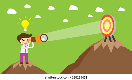 businessman using binoculars, winner. finish. win. flat design. track. Success. Target. Bulb Ideas. Business and finance vision concept. Goal. dream. vector. infographics. mountain