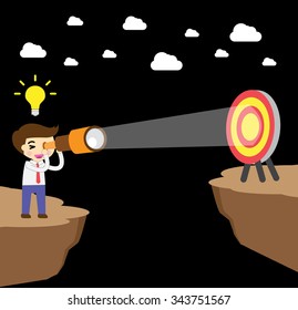 businessman using binoculars, winner. finish. win. flat design. track. Success. Target. Bulb Ideas. Business and finance vision concept. Goal. dream. vector. infographics. mountain