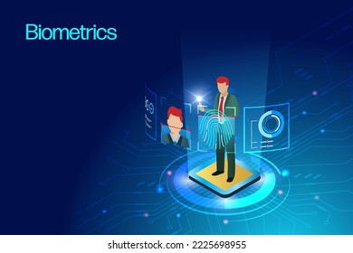 Empresario que utiliza un sistema de seguridad biométrica, reconocimiento facial y análisis de huellas dactilares para acceder a la red de datos del negocio. Protección de la seguridad empresarial frente a ciberataques.