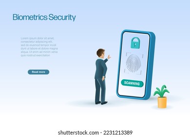 Businessman using biometric security system, fingerprint scanning on smartphone to unlock and access to business data network. Business security protection from cyber attack.