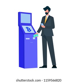 Businessman using bitcoin crypto terminal and hold phone. He exchange bitcoins for money.Vector isolated illustration on white background with money tree 