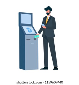 Businessman using bitcoin crypto terminal and hold phone. He exchange bitcoins for money.Vector isolated illustration on white background with money tree 