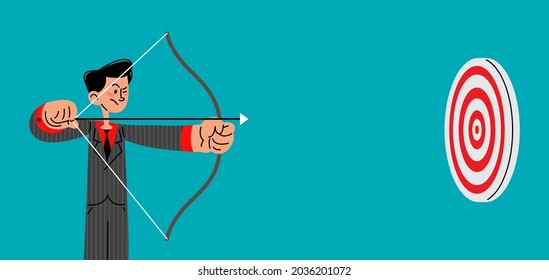 Businessman using bow aiming for target flat vector illustration