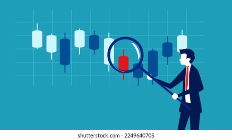Businessman using candlestick chart magnifying glass. stock market analysis 