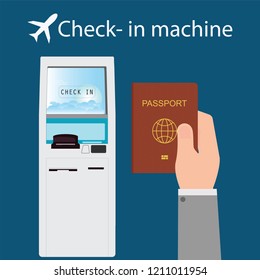 Businessman using the check-in machine at the airport getting the boarding pass, self service check in, business travel conceptual vector illustration.