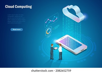 Businessman using cloud computing transfer business data information to smartphone.  Online digital cloud storage with smart data protection service.