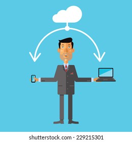 Businessman using cloud storage for smart phone and laptop. Vector illustration in flat design style.
