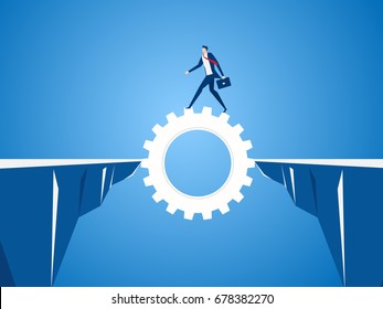 Businessman Using Cog Gear To Cross Through The Gap Between Hill.  Business Risk And Success Concept. Cartoon Vector Illustration.
