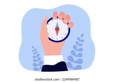 Businessman using compass to find right direction and way. Hand of person holding device for navigation flat vector illustration. Guide, vision concept for banner, website design or landing web page