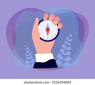 Businessman using compass to find right direction and way. Hand of person holding device for navigation flat vector illustration. Guide, vision concept for banner, website design or landing web page